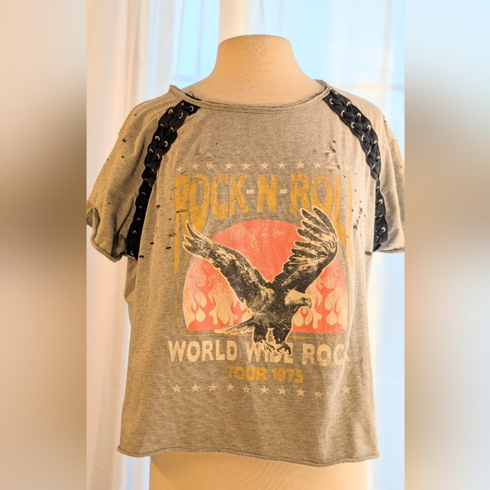 Vintage Havana Graphic 'Rock N Roll' Eagle Tee with Black Lace-Up Trim